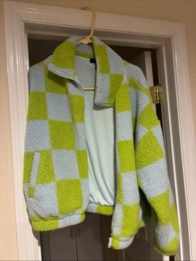 Checkered Sherpa Jacket in Light Blue and Lime Green